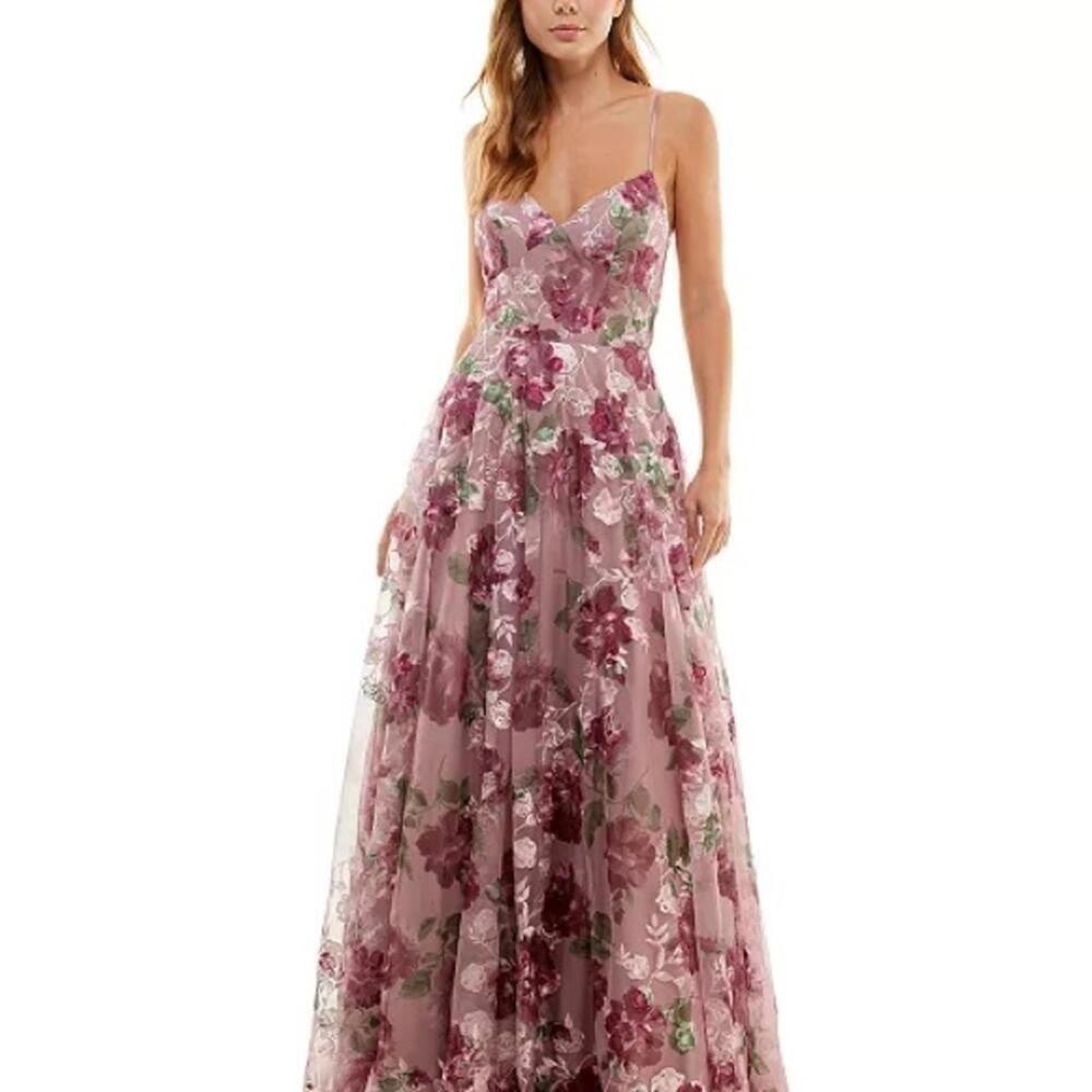 SAY YES TO THE PROMJuniors'Embroidered Floral Lace-Up Gown evening dress 5 dress - Picture 5 of 15